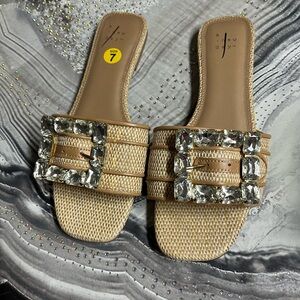 A Nee Day Elegant Tan Slide Sandals with Crystal Accents